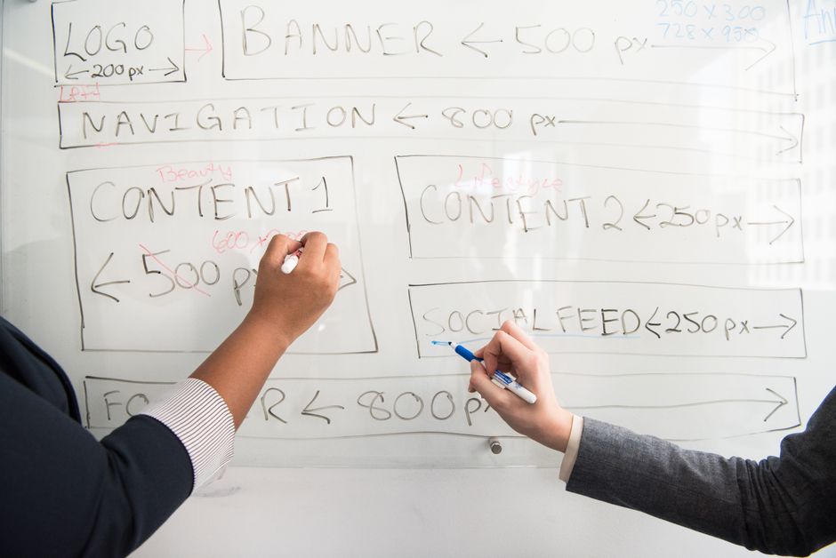Two people collaboratively planning on a whiteboard with creative strategy