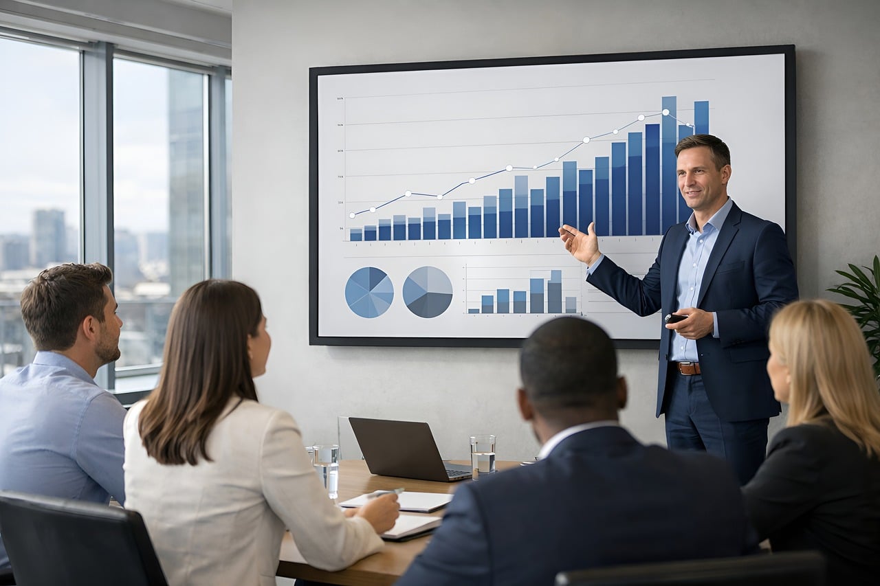 digital marketing team meeting (presentation, statistics, graph, meeting, business, analysis)