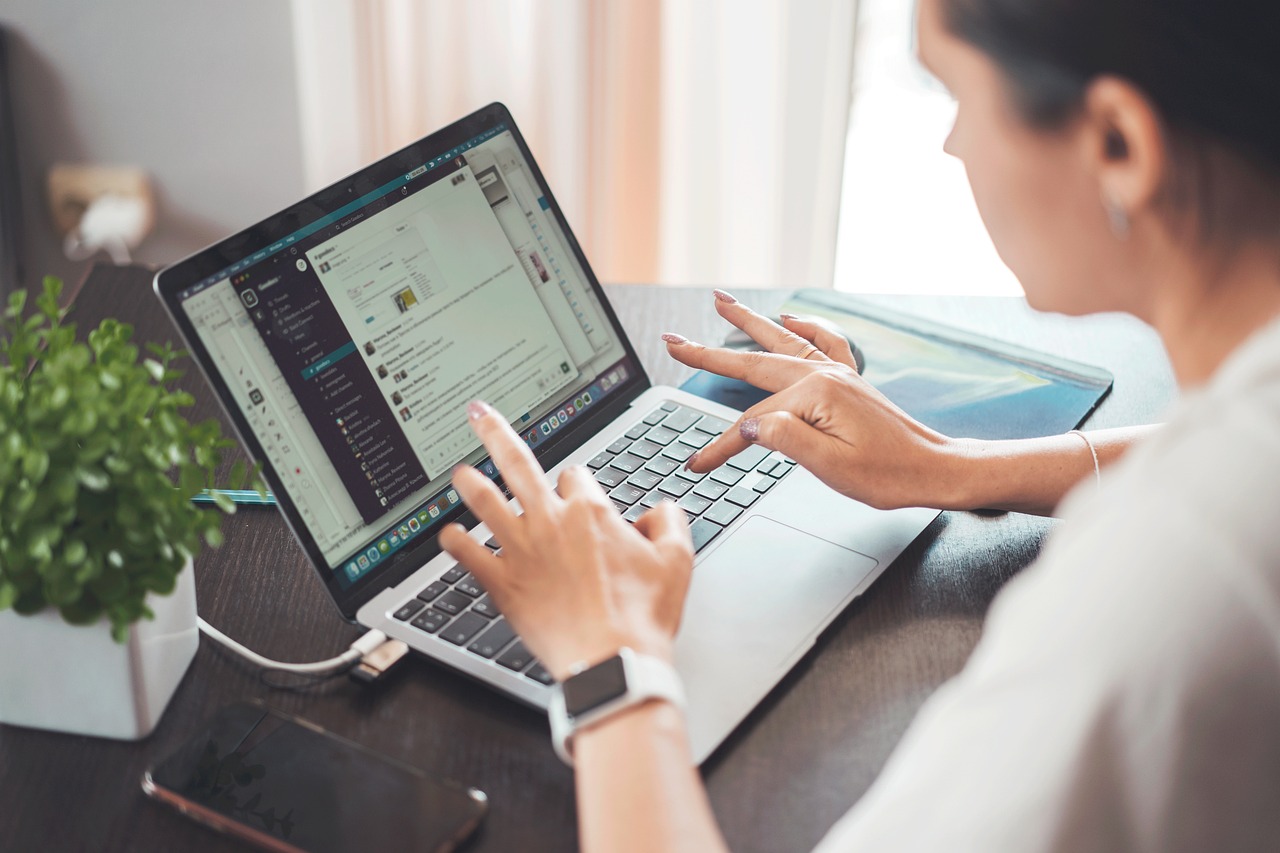 person typing laptop office desk (telework, technology, laptop, connection, electronic, comput)