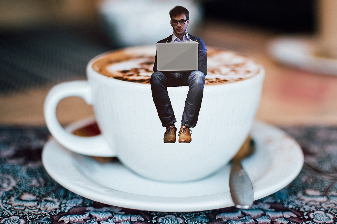 freelancer working cafe laptop (coffee, writer, business, office, table, notebook, cup, comp)