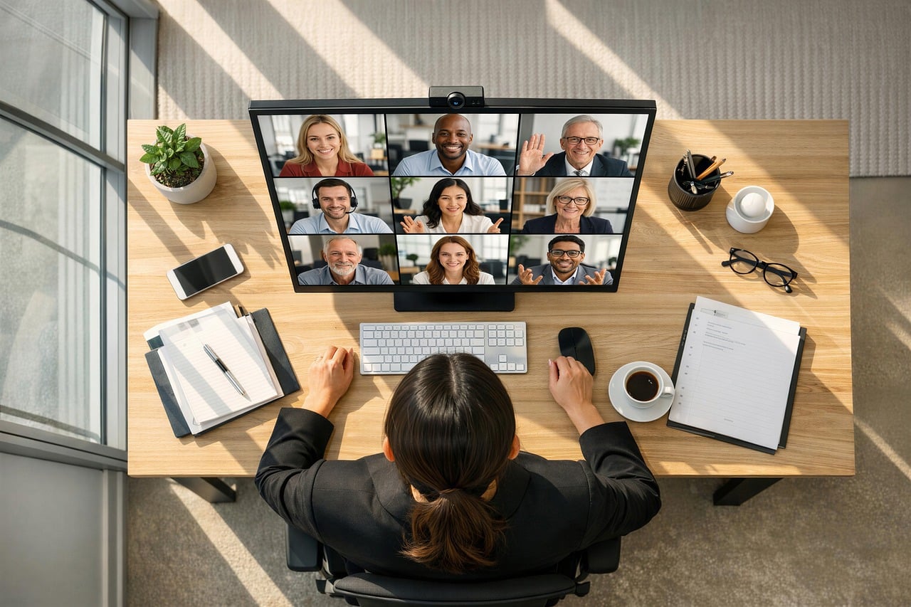 digital marketing team meeting (video conference, home office, desk, computer monitor, video)