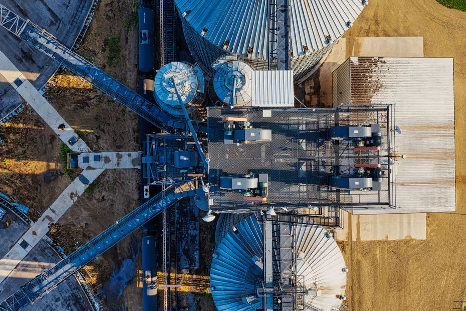 High-angle shot of grain silos and structures at an industrial site in Randolph, MN