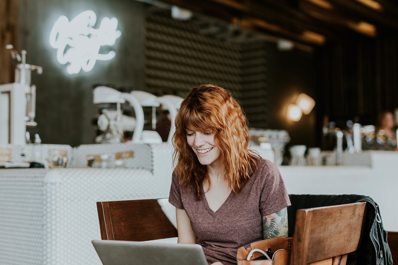 freelancer working cafe laptop (laptop, electronic, gadget, communication, research, interne)
